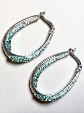.925 Sterling Sliver Teardrop Hoop Earrings with Green & Blue Crystals -